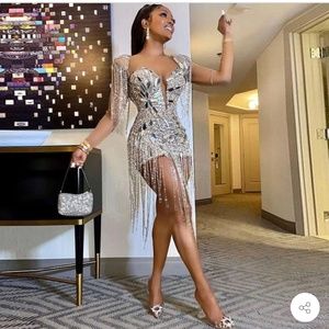 LUXURY CRYSTAL FRINGE PADDED EPAULET MIRROR SEQUIN MINI PARTY DRESS